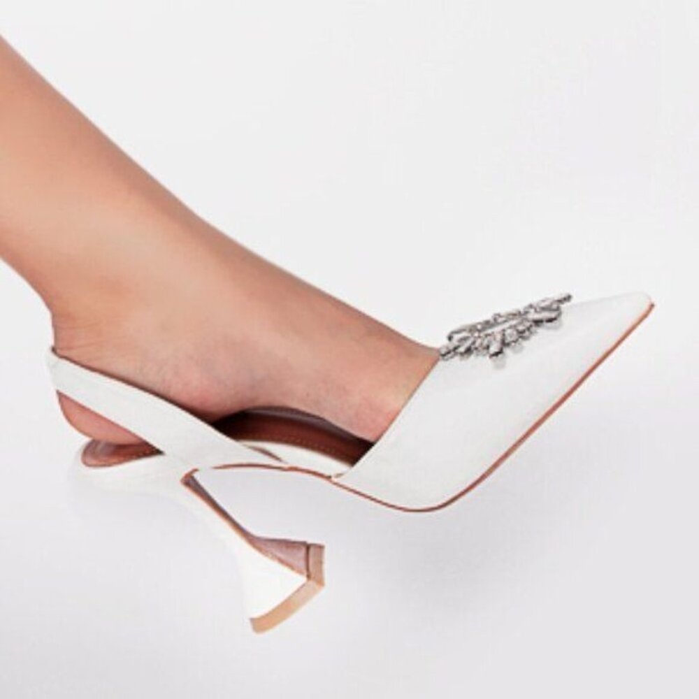 MICXKLZO White Slingback Pointed Toe High Heels Slip On Heeled Sandals Shoes